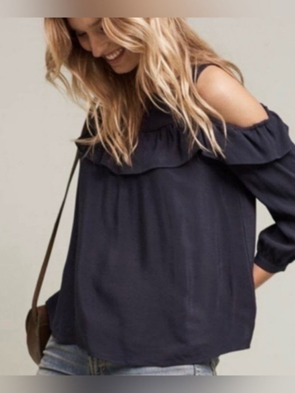 Anthropologie Maeve | Navy Cold-Shoulder Ruffle 3/4 Sleeve Top | P2P 18”